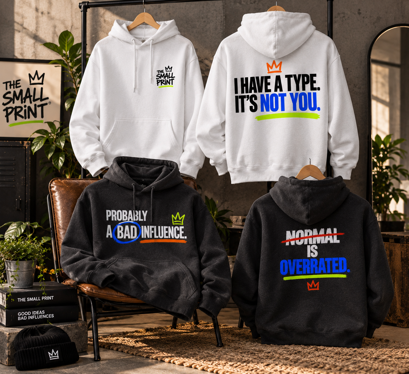 The Small Print hoodies and sweatshirts collection on a clothing rail