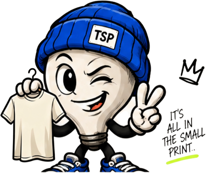 The Small Print mascot holding up a t-shirt